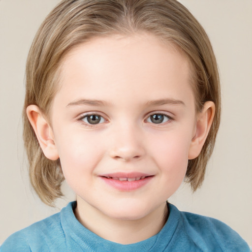 Joyful white child female with medium  brown hair and grey eyes