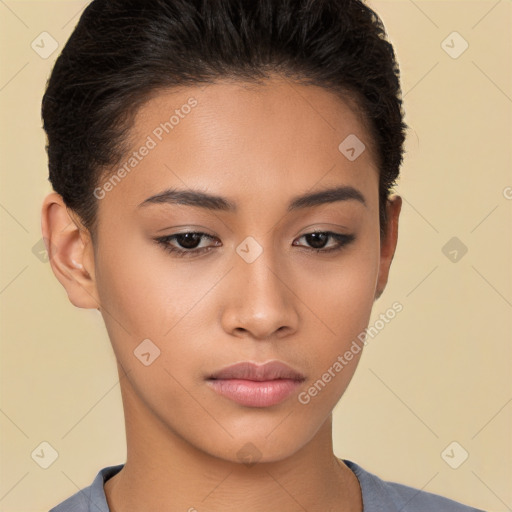 Neutral latino young-adult female with short  brown hair and brown eyes