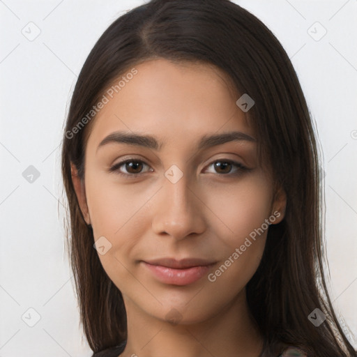 Neutral white young-adult female with long  brown hair and brown eyes