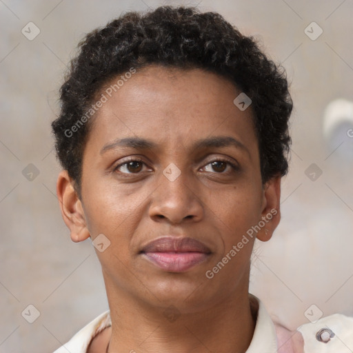 Joyful black young-adult female with short  brown hair and brown eyes