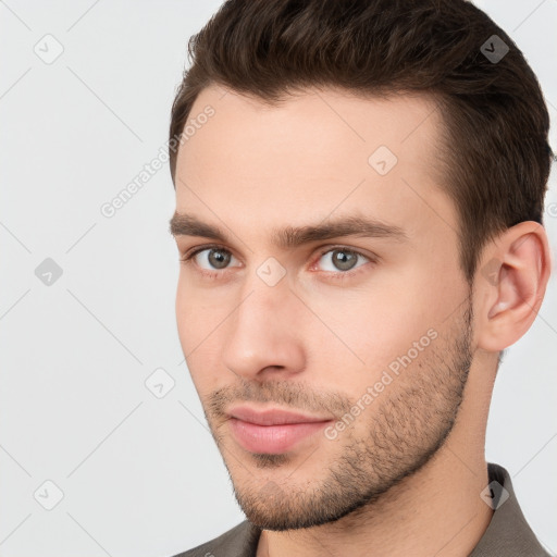 Neutral white young-adult male with short  brown hair and brown eyes