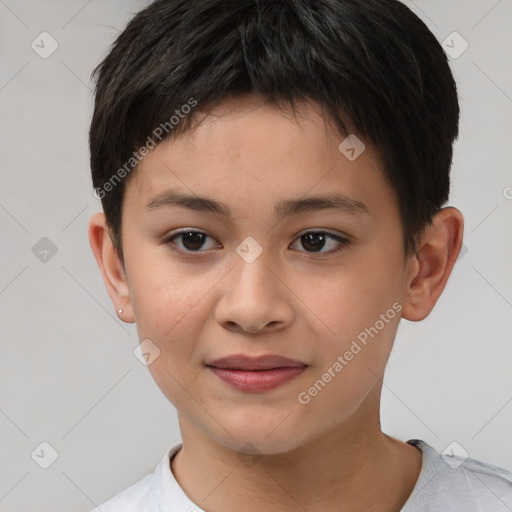 Joyful white child female with short  brown hair and brown eyes