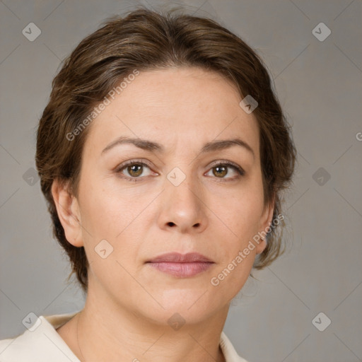 Neutral white young-adult female with medium  brown hair and brown eyes