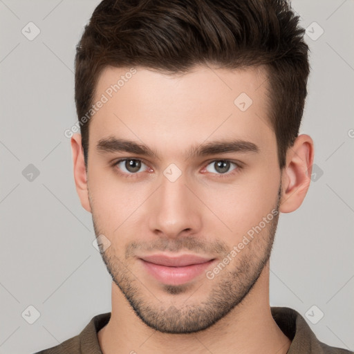 Neutral white young-adult male with short  brown hair and brown eyes