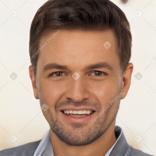 Joyful white young-adult male with short  brown hair and brown eyes