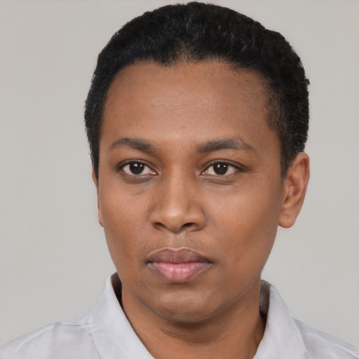 Neutral black young-adult female with short  black hair and brown eyes
