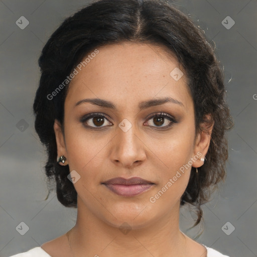 Joyful latino young-adult female with medium  brown hair and brown eyes