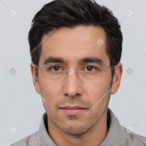 Neutral white adult male with short  black hair and brown eyes