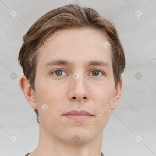 Neutral white young-adult male with short  brown hair and grey eyes