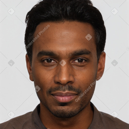Neutral black young-adult male with short  black hair and brown eyes