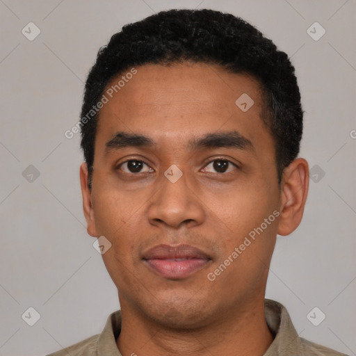 Neutral latino young-adult male with short  black hair and brown eyes