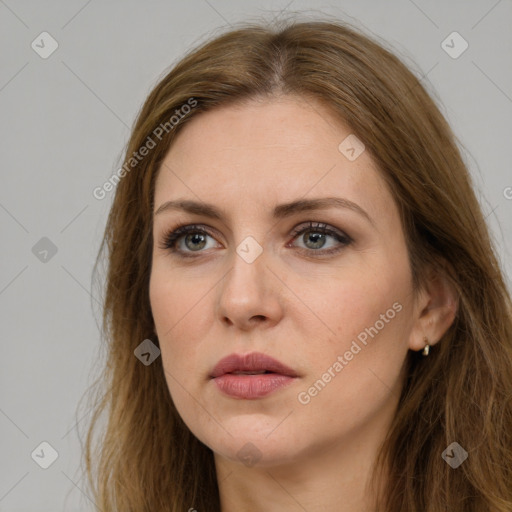 Neutral white young-adult female with long  brown hair and brown eyes