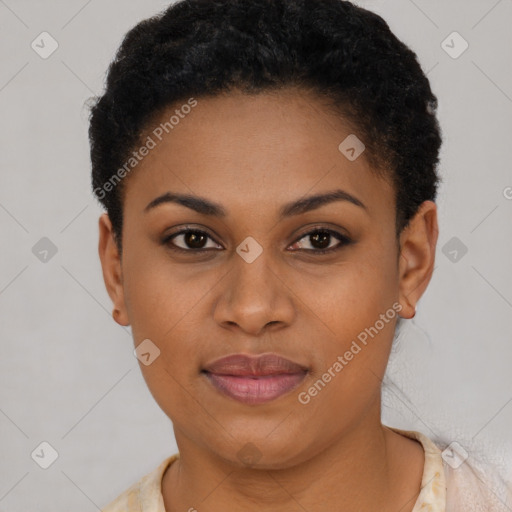 Joyful latino young-adult female with short  black hair and brown eyes