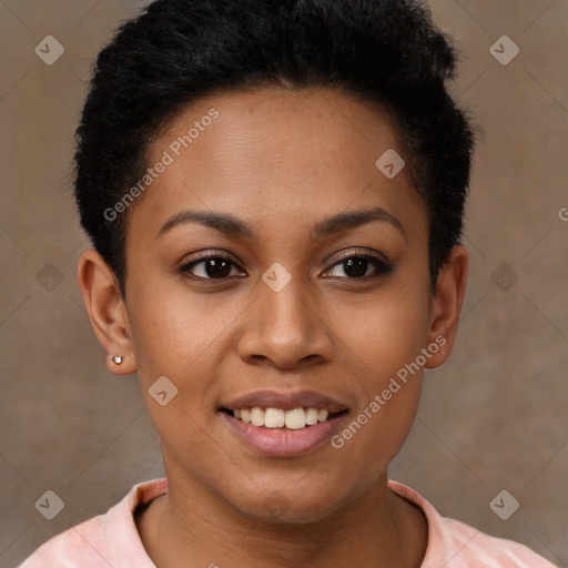 Joyful latino young-adult female with short  brown hair and brown eyes