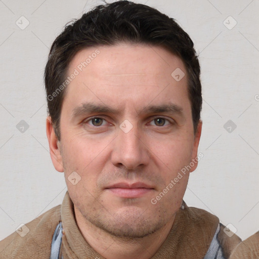 Neutral white adult male with short  brown hair and brown eyes