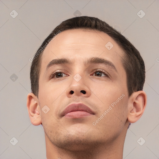 Neutral white young-adult male with short  brown hair and brown eyes