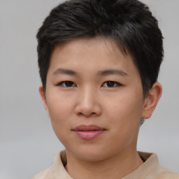 Neutral asian young-adult female with short  brown hair and brown eyes