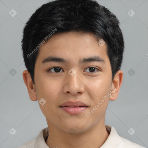 Joyful asian young-adult male with short  brown hair and brown eyes