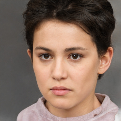 Neutral white young-adult female with short  brown hair and brown eyes