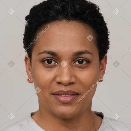 Joyful black young-adult female with short  black hair and brown eyes