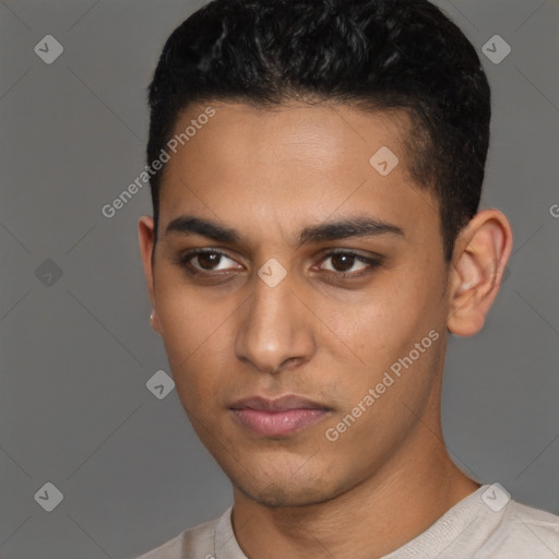 Neutral latino young-adult male with short  black hair and brown eyes