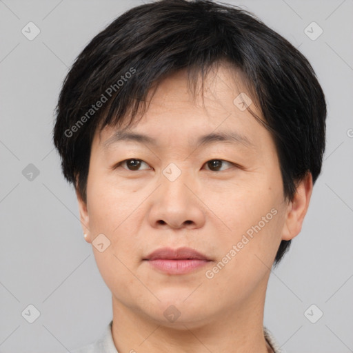 Neutral asian adult male with short  brown hair and brown eyes