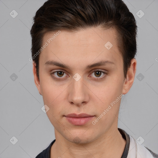 Neutral white young-adult male with short  brown hair and brown eyes