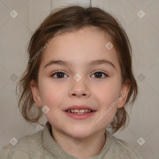 Joyful white child female with medium  brown hair and brown eyes