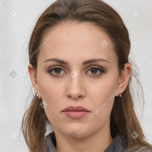 Neutral white young-adult female with long  brown hair and brown eyes