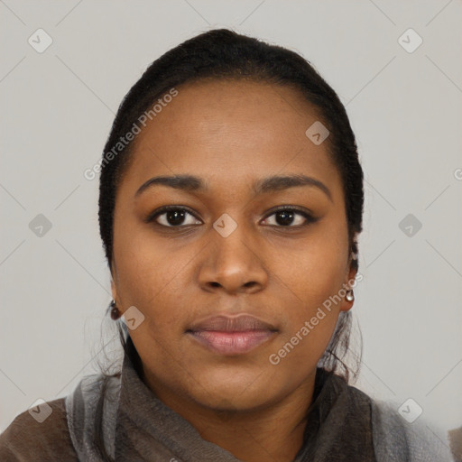 Neutral black young-adult female with short  black hair and brown eyes