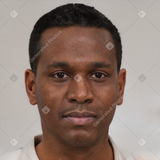 Neutral black young-adult male with short  black hair and brown eyes