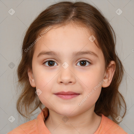 Joyful white child female with medium  brown hair and brown eyes