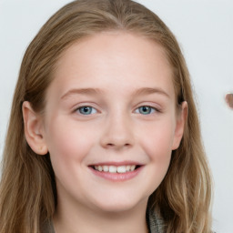 Joyful white young-adult female with long  brown hair and blue eyes