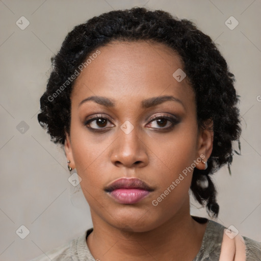 Neutral black young-adult female with short  black hair and brown eyes