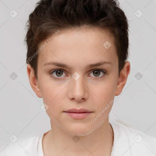 Neutral white young-adult female with short  brown hair and brown eyes