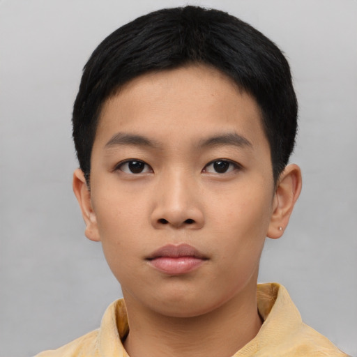 Neutral asian young-adult male with short  black hair and brown eyes