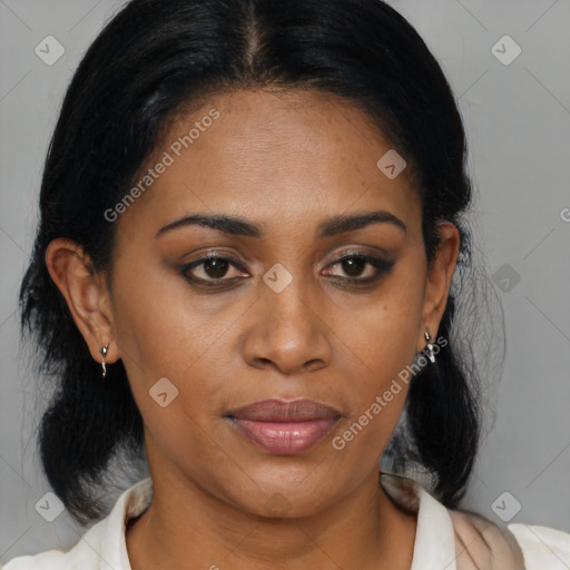 Joyful black young-adult female with medium  brown hair and brown eyes