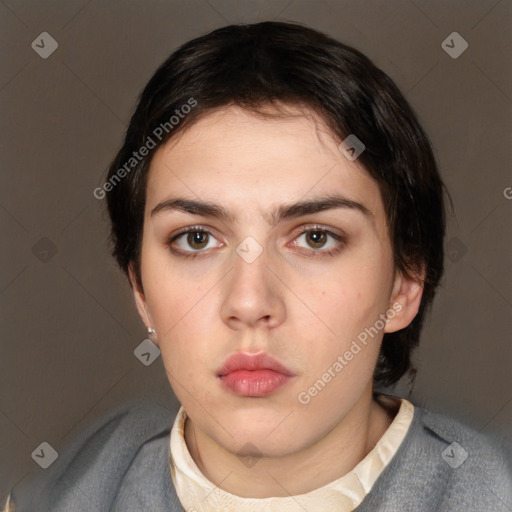 Neutral white young-adult female with medium  brown hair and brown eyes