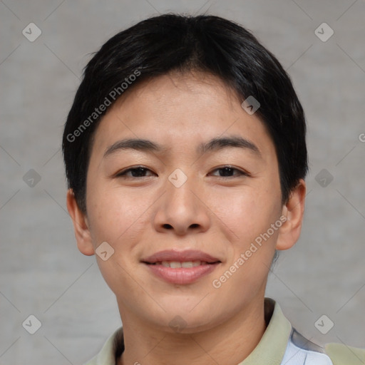 Joyful asian young-adult female with short  brown hair and brown eyes