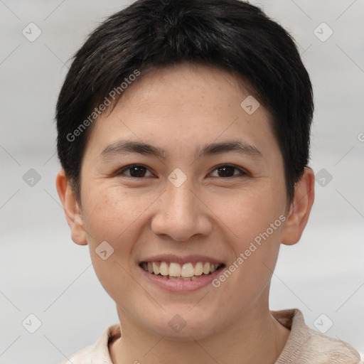 Joyful white young-adult female with short  brown hair and brown eyes