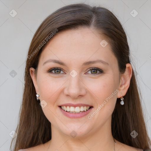 Joyful white young-adult female with long  brown hair and grey eyes