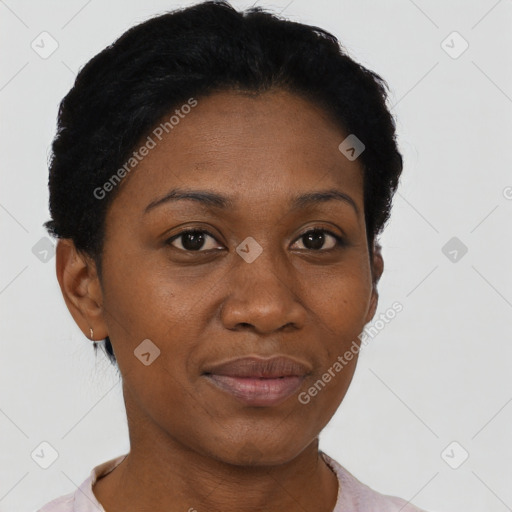 Neutral black young-adult female with short  black hair and brown eyes