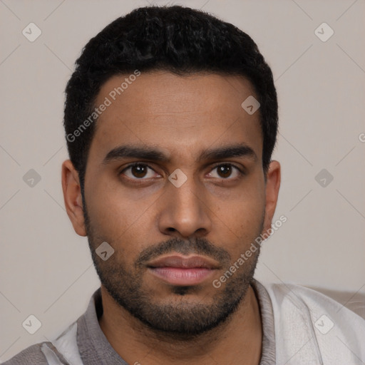 Neutral latino young-adult male with short  black hair and brown eyes