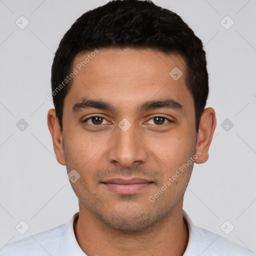 Neutral latino young-adult male with short  black hair and brown eyes