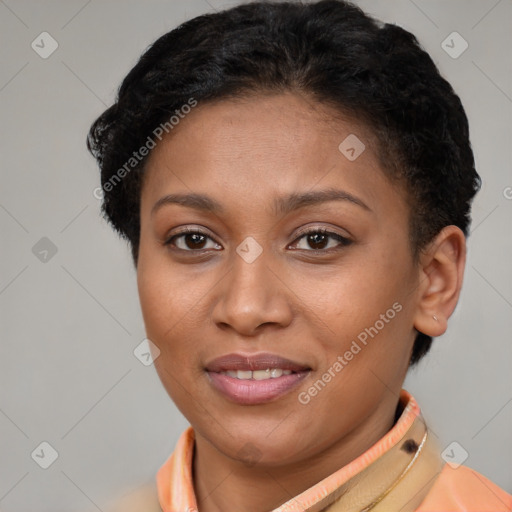 Joyful latino young-adult female with short  brown hair and brown eyes