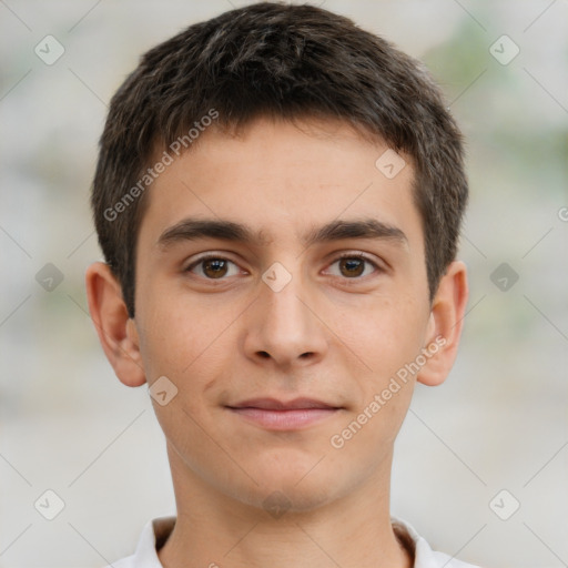 Neutral white young-adult male with short  brown hair and brown eyes