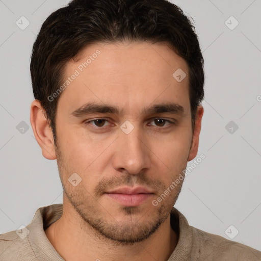 Neutral white young-adult male with short  brown hair and brown eyes