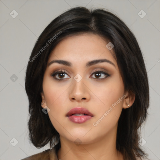 Neutral asian young-adult female with medium  brown hair and brown eyes