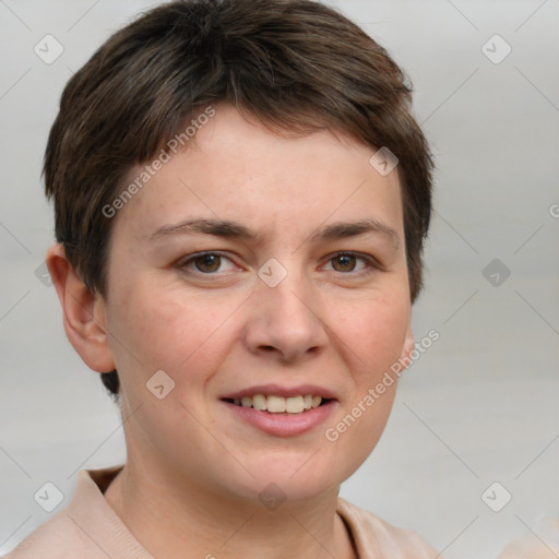 Joyful white young-adult female with short  brown hair and grey eyes