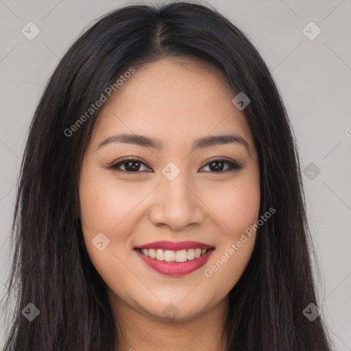 Joyful white young-adult female with long  brown hair and brown eyes